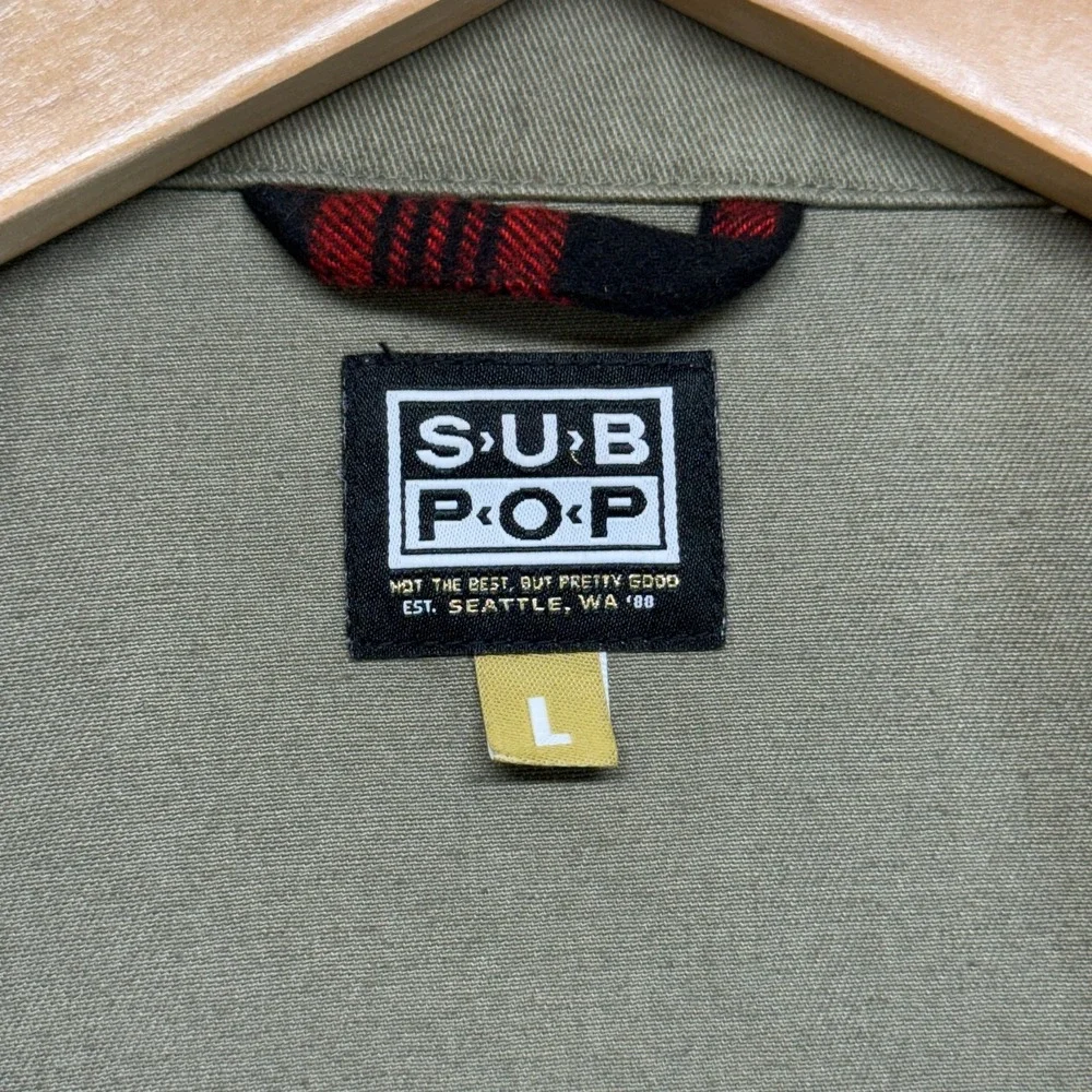 Vintage Sub Pop Records Mens Chore Jacket Olive Green Utility Workwear Size L - Picture 13 of 16